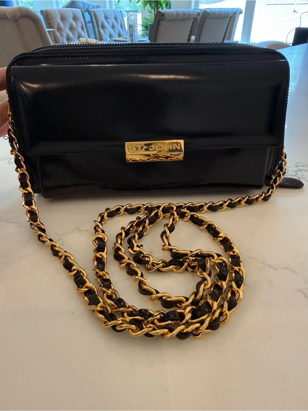 Vintage St. John Black Leather Crossbody with Gold Chain Strap - Picture 1 of 8
